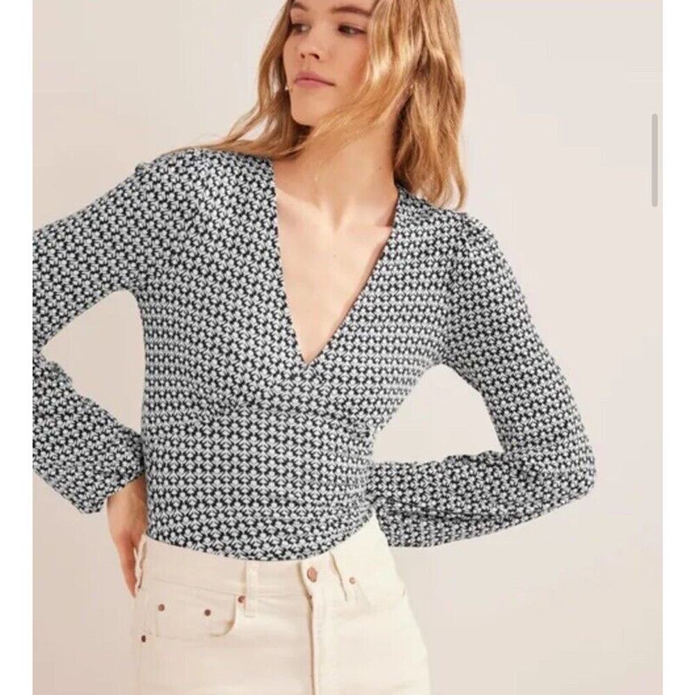 Boden WOMENS US 8 Tulip Bud Print Black/White V-Neck Blouson Sleeve Top Ae16
